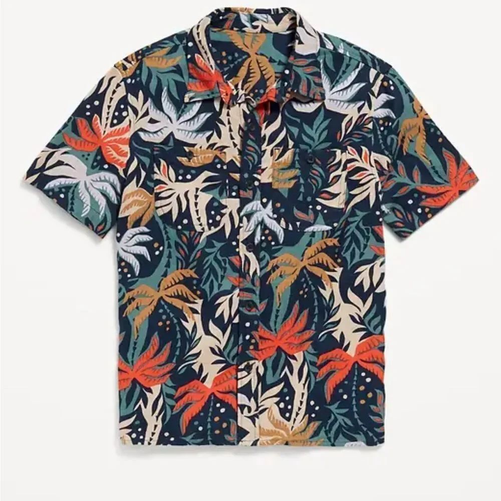 Old Navy Button tropical linen blend Hawaiian print Short Sleeve shirt XL 14-16